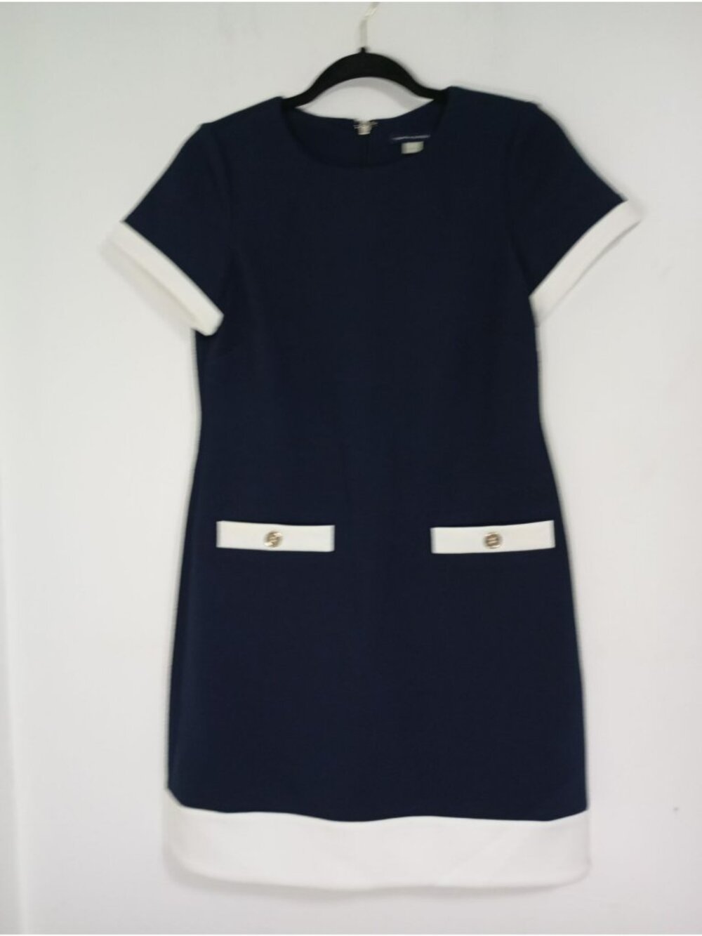 Tommy Hilfiger Navy White Trim Short Sleeve Sheath Dress 8P Polyester blend